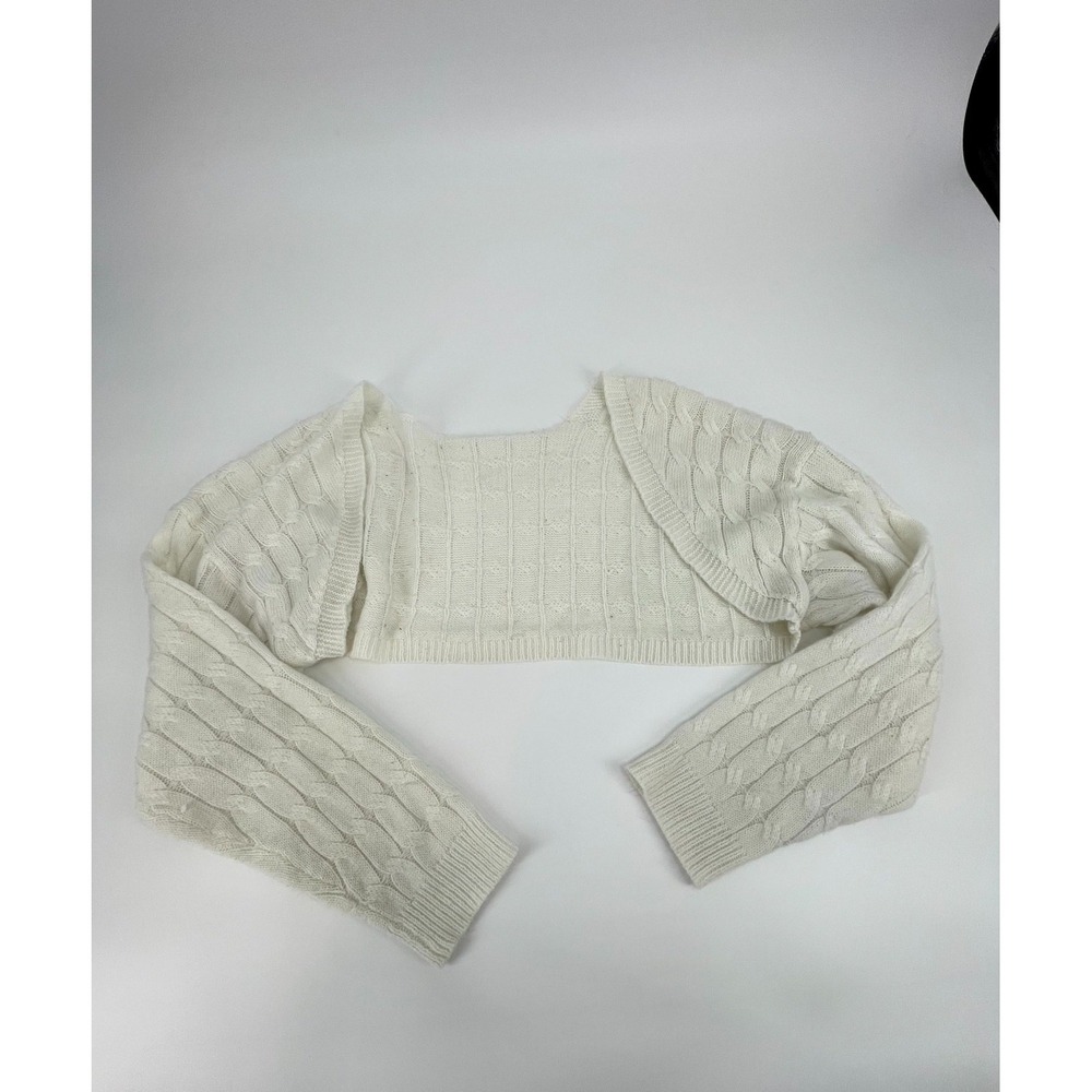 Women's Cardigan Sweater White Cable Knit Cropped 3/4 Sleeve Open Front Shrug